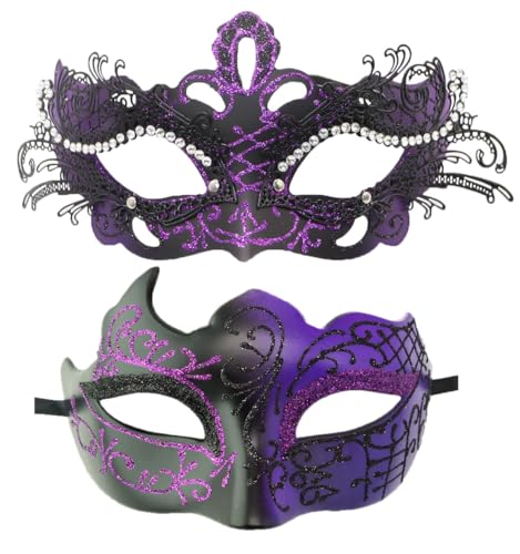Coolwife Venezianische Maske für Paare, aus Metall, für Karneval, Party, Abend, Abschlussball, Kostüm, Maske (Ecke lila) von Coolwife