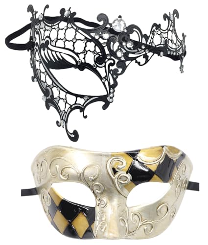 Coolwife Venezianische Maske für Paare, aus Metall, für Karneval, Party, Abend, Abschlussball, Kostüm, Maske (P Phantom Black) von Coolwife