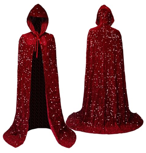 Samt-Umhang, Umhang, Zauberer, mit Kapuze, Party, Halloween, Cosplay, Kostüme für Männer und Frauen, 134,6 cm, X-Pailletten, Weinrot von Coolwife