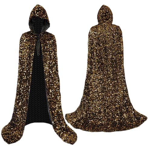 Samt-Umhang, Umhang, Zauberer, mit Kapuze, Party, Halloween, Cosplay, Kostüme für Männer und Frauen, 134,6 cm (X-Pailletten, Gold, Schwarz) von Coolwife