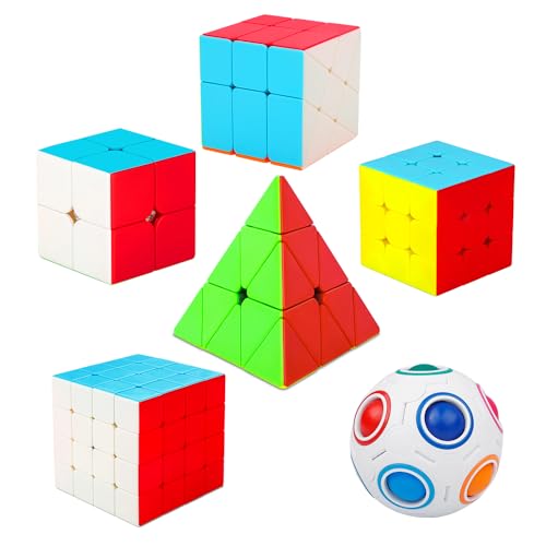 Coolzon 6 Stück Zauberwürfel Set, Speed Cube Set 2x2 3x3 4x4 Pyraminx Fenghuolun Magic Regenbogenball Magic Cubes für Kinder und Erwachsene, 6 Stück Zauberwürfel Set von Coolzon