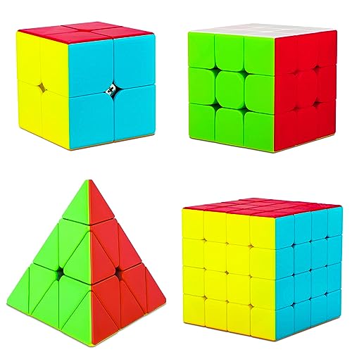 Coolzon Speed Zauberwürfel Set, 4 Packung Aufkleberlos Magic Cube Set 2x2 3x3 4x4 Pyraminx Dreieck, einfach drehend 3D Puzzle Cube Spiele Spielzeug Geschenk für Kinder Erwachsene von Coolzon