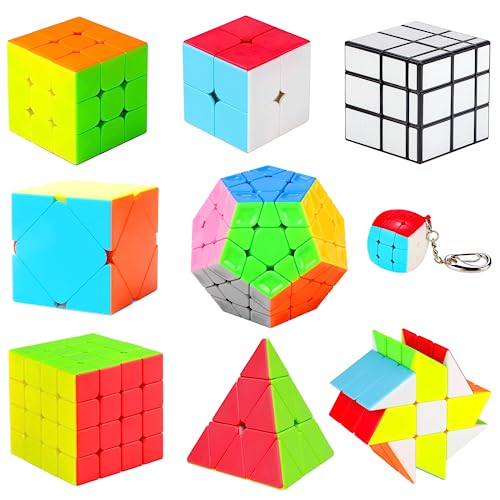 Coolzon Zauberwürfel Speedcube Set, Puzzle Cube Set 2x2 3x3 4x4 Pyraminx Megaminx Mirror Skewb Fisher Zauberwürfel Klein mit Schlüsselanhänger, Speed Magic Cube PVC Aufkleber 9 Stück von Coolzon