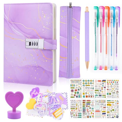 Tagebuch mit Schloss Mädchen Geschenke 7 8 9 10 11 12 13 Jahre, Geschenke für Mädchen Teenager alter 7-14, Tagebuch mit Code Notizbuch Mädchen Mäppchen Aufkleber Stift Fotorahmen von Coosilion