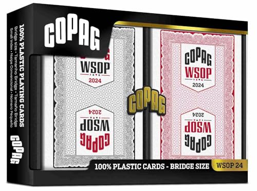 Copag WSOP 2024 Traditionelles Design 100% Kunststoff Spielkarten - Schmale Größe (Bridge) Regular Index Schwarz/Rot Doppeldeck-Set von Copag