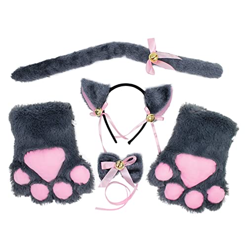 Coptiner Katze Cosplay Set, Katzenohren Stirnband Kätzchen Schwanz Ohren Kragen Pfoten Handschuhe, Katze Cosplay Kostüm Nettes Kostüm Party Dekoration Set für Kinder Frauen Mädchen (grau) von Coptiner