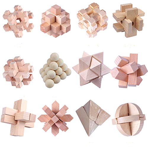 Coriver 12Pcs Holz Brain Teaser Puzzle Logik Puzzles, IQ Spiele IQ Test Challenge Toy 3D Interlocking Puzzles Entwirrungsspiel für Kinder Teenager Erwachsene von Coriver