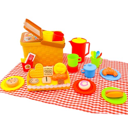 Coriver 35 Pcs Picknick Nachmittagstee Spielset mit Tragekorb, Plastik Küchenutensilien Picknick Spielzeug, Kinder Spielzeug Tee Set, Pretend Play Rollenspiel Spielzeug für Mädchen Jungen 3+ Jahre von Coriver