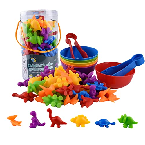 Coriver Montessori Dinosaurier Sortierspiel, 48 Stück Farben Sortieren Spiel mit Schale & Pinzette, Dinosaurier Spielzeug-Sortierspielzeug Stapelspielzeug für Jungen Mädchen 3 4 5 Jahre von Coriver