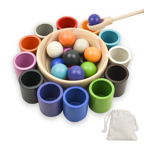 Coriver Montessori Farben Sortieren, Bälle in Tassen Farben Sortieren für Kinder, Holz Sortierspiel zum Sortieren und Zählen von Farben, Farben Stapelsteine, Montessori Spielzeug ab 3+ Jahre von Coriver