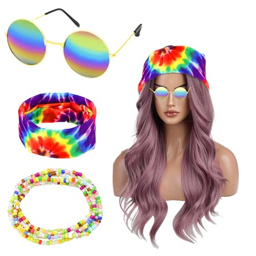 Coriver Hippie Kostüm Damen Herren, 4 Stück Hippie Sonnenbrille Accessories, Peace Halskette Anhänger Perlenarmband Stirnband, 70er Jahre Hippie Zubehör, 60er Jahre Mottopartys für Männer Frauen von Coriver