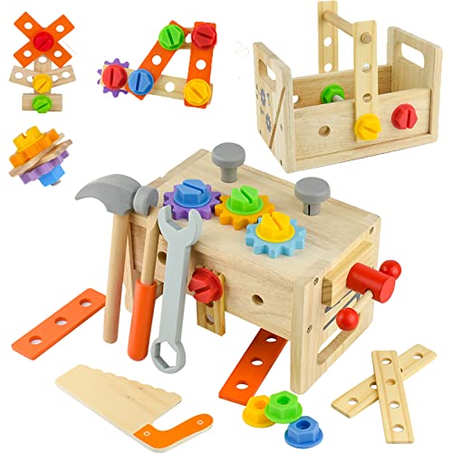Coriver Werkzeugkoffer Kinder, 24 Stück Werkzeug Holzspielzeug, Werkbank Kinder Spielzeug, Kinderwerkzeug Holzwerkzeug Spielzeug, STEM Motorikspielzeug Montessori Spielzeug für Junge Mädchen 3+ Jahre von Coriver