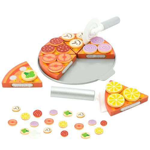 Coriver hölzerne Lebensmittel Spielzeug, 27 Stück hölzerne Pizza Küche Spielzeug Spielen Lebensmittel-Sets für Kinder Küche, Rolle Spielen Spielzeug Geschenk für Jungen Mädchen 3+ Jahre alt von Coriver