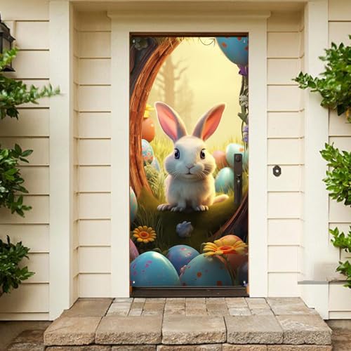 Corlidea Osterhasen-Türabdeckung Happy Easter Häschen Banner Großer Stoff Ostern Türabdeckung Hintergrund für Ostern Party Photo Booth Hintergrund Favor Supplies von Corlidea