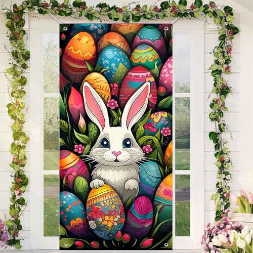 Corlidea Oster-Hasentürdekoration Häschen Banner Großer Stoff Ostern Türabdeckung Hintergrund für Ostern Party Photo Booth Hintergrund Favor Supplies von Corlidea