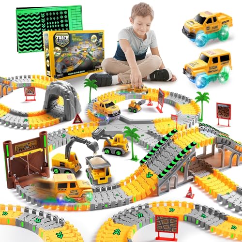 Autorennbahn ab 3 4 5 6 7 8 Jahre, 264 Stück 5 Cars Bagger Spielzeug Autorennbahn Rennbahn 2 Glow Elektroautos,3 Bauwagen,Flexibles DIY Gleis-Set Flexible Track Kran Spiele von Coroiesty