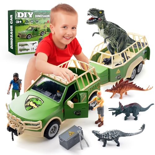 Coroiesty Dinosaurier Spielzeug Set, Tyrannosaurus Rex für Kinder 3-12 Jahre, DIY Transportauto mit 4 Dino Figuren Jungen und Mädchen von Coroiesty