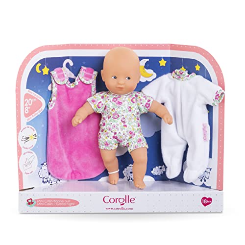 Corolle Mini Calin Gute Nacht Set, Weichkörperpuppe in süßem Strampler, mit Pyjama und Schlafsack, Vanilleduft, 20cm, ab 18 Monate von Corolle