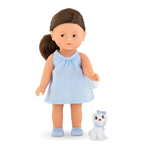 Corolle 9000240060 - Mini Corollines Romy mit Hund, Vollvinylpuppe mit langem Haar und süßem Hund in Geschenkbox, Vanilleduft, 20cm, ab 3 Jahren von Corolle