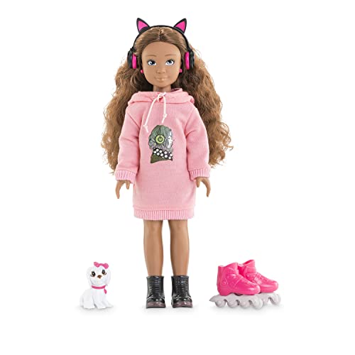 Corolle 9000600020 - Girls Melody Musik und Fashion Set, Ankleidepuppe im coolen Hoodiekleid mit Hund, trendy Kopfhörer, Ohrringe, Inlineskates, 28cm Spielpuppe mit Vanilleduft, ab 4 Jahren von Corolle