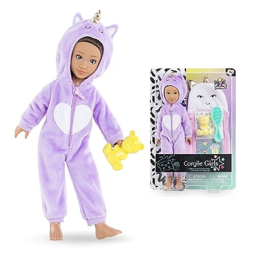 Corolle Girls Luna Pyjama Party, Ankleidepuppe im kuscheligen Einhorn-Onesie, 7 Teile, Schlafsack, Vanilleduft, 28cm, ab 4 Jahren von Corolle