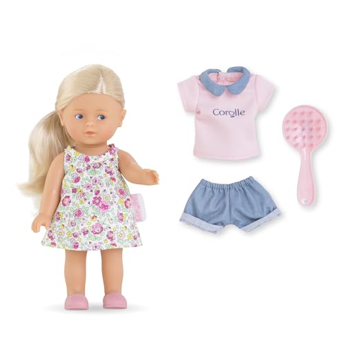 Les Trendies Corolline Rosy Miniwelt Set, Vollvinylpuppe mit langem Haar, Bürste, extra Outfit in Geschenkbox, 4 Teile, Vanilleduft, 20cm, ab 3 Jahren von Corolle