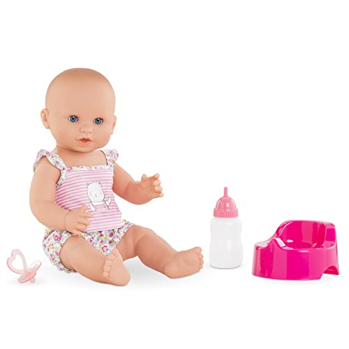 Corolle Emma Trink und Näss Badebaby, Vollvinylpuppe mit Schlafaugen, Trink und Nässfunktion, Schnuller, Flasche, Töpfchen, Vanilleduft, 36cm, ab 2 Jahren von Corolle