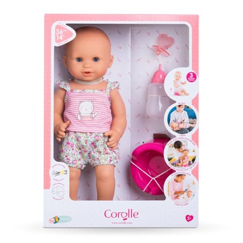 Corolle Emma Trink und Näss Badebaby, Vollvinylpuppe mit Schlafaugen, Trink und Nässfunktion, Schnuller, Flasche, Töpfchen, Vanilleduft, 36cm, ab 2 Jahren von Corolle