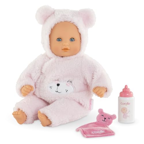 Corolle Mon Premier Poupon Calin Teddybär, Weichkörperpuppe mit Schlafaugen, Teddy-Onesie abnehmbar, Flasche und Schnuffeltuch, Vanilleduft, 30cm, ab 18 Monate von Corolle