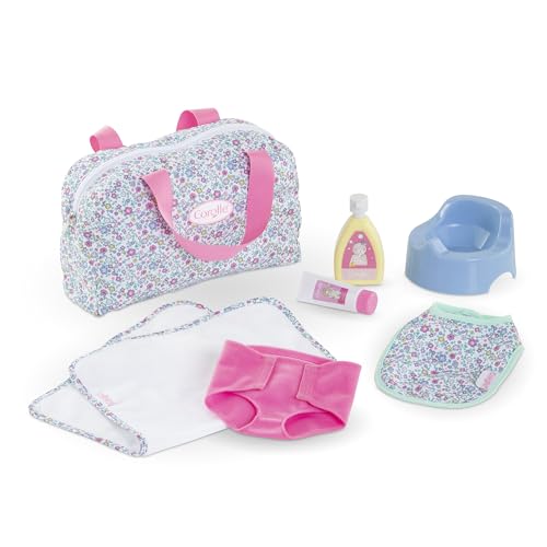 Corolle Mon Grand Poupon Wickeltasche und Zubehör, 7 Teile, Wickeltasche, Unterlage, Windel, Creme, Bodylotion, Töpfchen, Lätzchen, für 36-42cm Puppen, ab 2 Jahre von Corolle