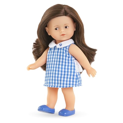 Les Trendies Mini Corolline Romy brünett, Vollvinylpuppe mit langem Haar und Karokleid in Geschenkbox, Vanilleduft, 20cm, ab 3 Jahren von Corolle