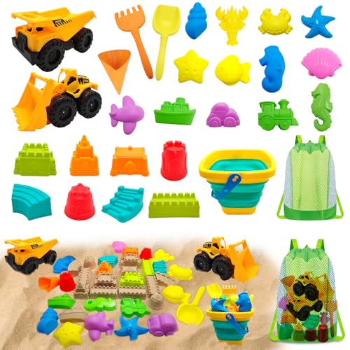 Corpower Sandspielzeug Set, 28 Stück Sandkasten Spielzeug Kinder, Mit Faltbarer Eimer, Baggerwagen, Burgsandform, Seetier-Sandform, Aufbewahrungsnetzbeutel, Junge Mädchen Sandspielzeug ab 3 Jahre von Corpower