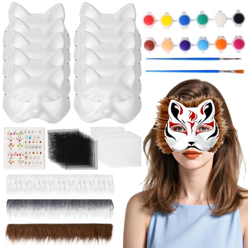 Katzenmasken zum Bemalen Maske, 10 Stück Therian Mask, DIY Uberstreichbare Leere Maske Papiermasken für Halloween Cosplay Karneval Party Maskenball Masken Unbemalte Stütze von Corpower