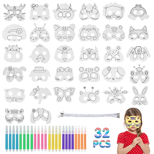 Tiermasken für Kinder, 32 Stück Tiermasken Cosplay Party Masken mit 32 Bungee-Strings und 24 Farbigen Aquarell-Pinsel, DIY Papier Ausmalen Blanko Bemalen Masken, für Halloween Weihnachten Geburtstag von Corpower