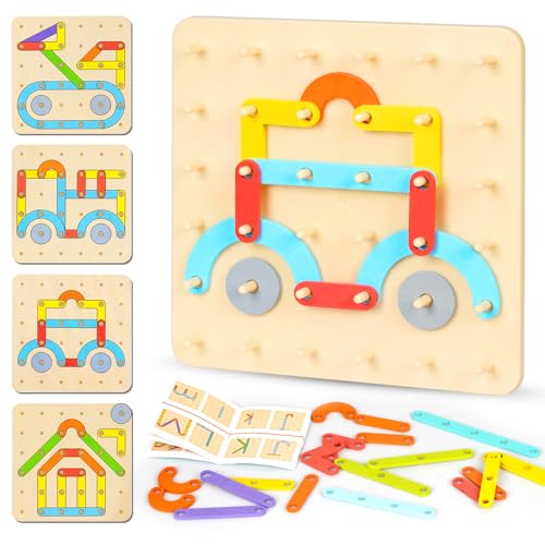 Montessori Stecktafel Puzzle, Montessori Holz Geoboard Montessori Holz Geobrett Lernspielzeug mit Muster Karten, Peg Board Kinder Spielen Geschenk für Mädchen Jungen ab 3+ Jahre von Corpower