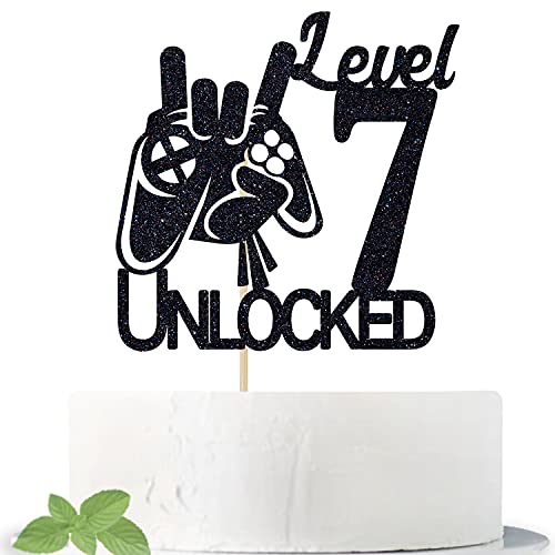 Geburtstagskuchenaufsatz mit Videospiel-Level 7, entsperrt, schwarzer Glitzer, für Jungen zum 7. Geburtstag Geburtstagskuchenaufsatz mit Videospiel-Level 7, entsperrt, schwarzer Glitzer, für Jungen zum 7. Geburtstag von Cos mos