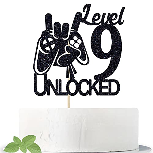 Geburtstagskuchenaufsatz mit Videospiel-Level 9, entsperrt, schwarzer Glitzer, für Jungen zum 9. Geburtstag von Cos mos