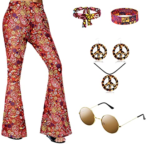 CosCool Damen 70er 80er Jahre Hippie Kostüm Schlaghose, Boho Blumendruck Ausgestellte Hosen Hippie Disco Hosen Set mit Hippie Accessoires Braun L von CosCool
