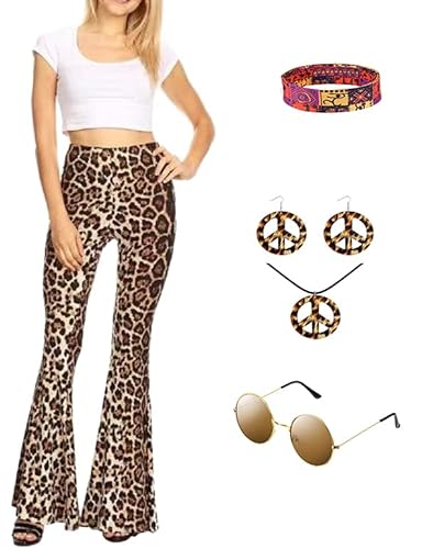 CosCool Damen 70er 80er Jahre Hippie Kostüm Schlaghose, Boho Blumendruck Ausgestellte Hosen Hippie Disco Hosen Set mit Hippie Accessoires Leopard L von CosCool