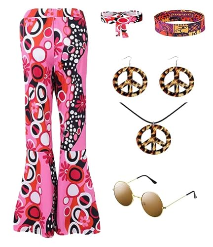 CosCool Damen 70er 80er Jahre Hippie Kostüm Schlaghose, Boho Blumendruck Ausgestellte Hosen Hippie Disco Hosen Set mit Hippie Accessoires Pink L von CosCool