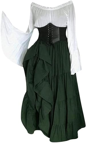 CosCool Damen Retro Mittelalter Kleid mit Trompetenärmel, Mittelalterliche Viktorianischen Königin Kleider Renaissance Gotisch Maxikleid Karneval Halloween Party Prinzessin Kostüm Grün XL von CosCool
