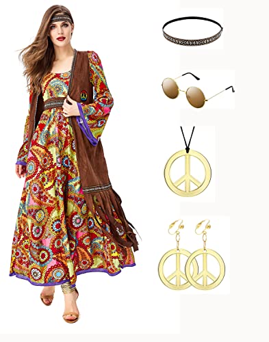 Damen 60er 70er Jahre Hippie Kostüm Set mit Hippie Accessoires, Retro Hippie Kleidung Disco Rave Outfit Faschingskostüm für Halloween und Karneval Cosplay L von CosCool