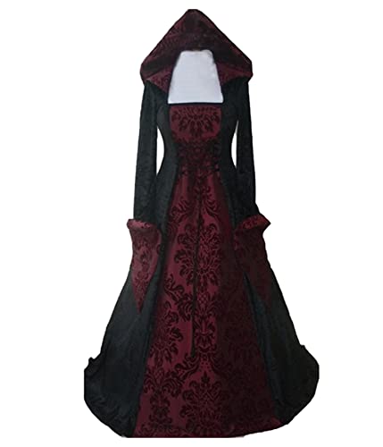 Damen Gothic Kleidung Mittelalter Kleid, Vintage Bodenlangen Gebunden Taille Maxikleid mit Kapuze Prinzessin Renaissance Cosplay Dress Party Festlich Halloween Karneval Kostüm Rot 3XL von CosCool