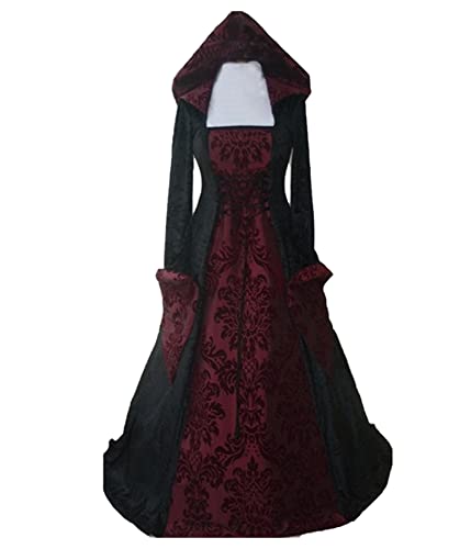 Damen Gothic Kleidung Mittelalter Kleid, Vintage Bodenlangen Gebunden Taille Maxikleid mit Kapuze Prinzessin Renaissance Cosplay Dress Party Festlich Halloween Karneval Kostüm Rot XL von CosCool