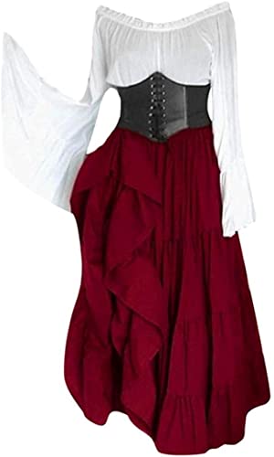 Damen Retro Mittelalter Kleid mit Trompetenärmel, Mittelalterliche Viktorianischen Königin Kleider Renaissance Gotisch Maxikleid Karneval Halloween Party Prinzessin Kostüm Rot 2XL von CosCool