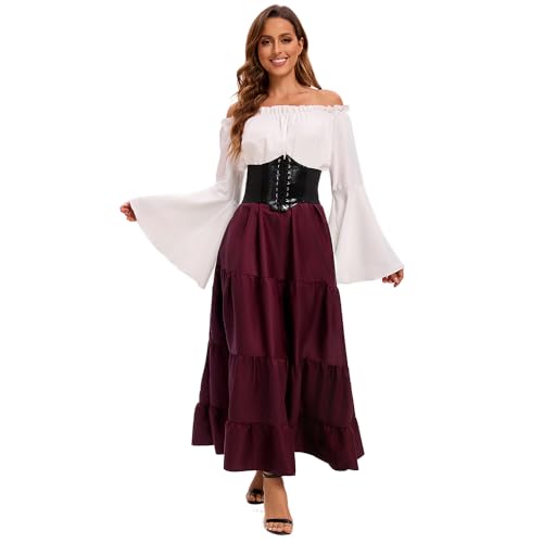 CosCool Damen Retro Mittelalter Kleid mit Trompetenärmel, Mittelalterliche Viktorianischen Königin Kleider Renaissance Gotisch Maxikleid Karneval Halloween Party Prinzessin Kostüm von CosCool