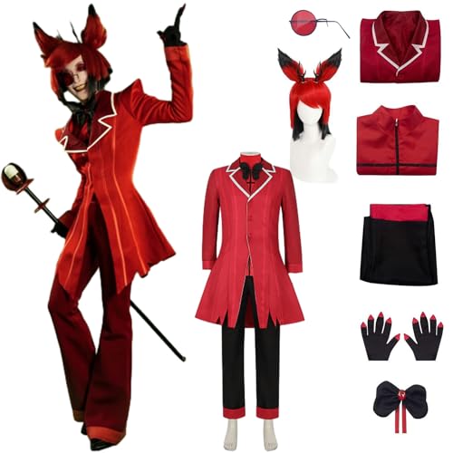 CosDance Herren Anime Hazbin Hotel Alastor Cosplay Kostüm Perücke Erwachsener Charakter Rote Jacke Uniform Brille Komplettes Set Anziehanzug Umhang Outfits Halloween Karneval Sachen (M) von CosDance
