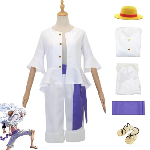 CosDance Männer One Piece Anime Cosplay Kostüm Luffy Charakter Uniform Erwachsene Set mit Hut Weiße Tops Outfits Hemd Shorts Umhang Komplettes Set Anziehanzug Halloween Sachen Party Geschenke (XXL) von CosDance