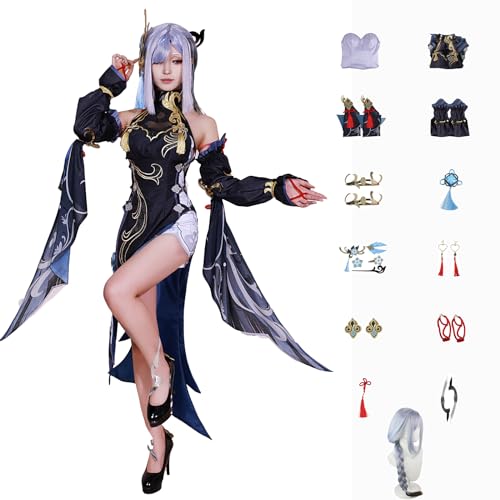 Genshin Impact Cosplay Shenhe Kostüm Spielcharakter Charaktere Navia Lyney Outfit mit Perücke Kopfschmuck Full Set Halloween Dress Up Uniform Kleider Anzug für Mädchen Frauen (M) von CosDance