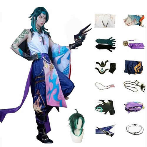 Genshin Impact Cosplay Xiao Kostüm Spielcharakter Charaktere Outfit mit Perücke Kopfschmuck Full Set Halloween Dress Up Uniform Anzug für Männer (2XL) von CosDance